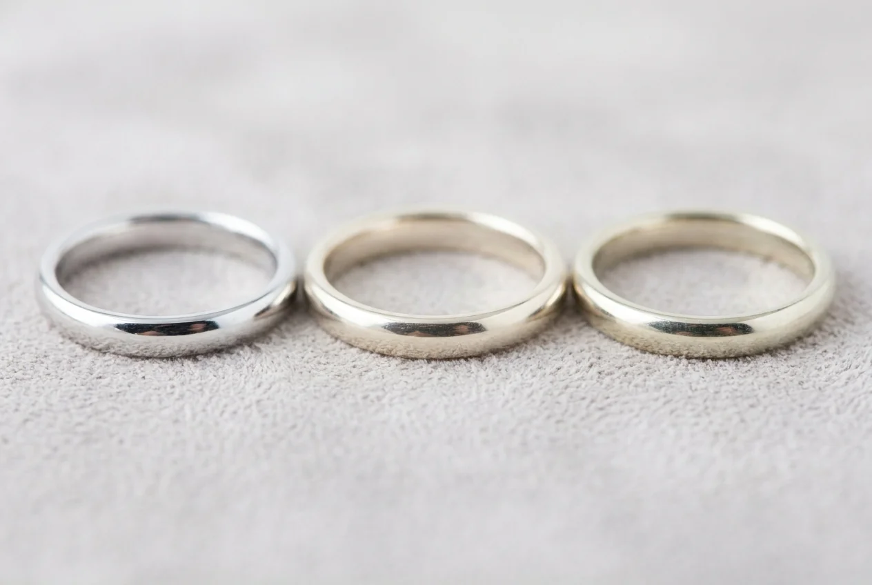Three plain silver bands in a row, each a slightly different tone of white metal
