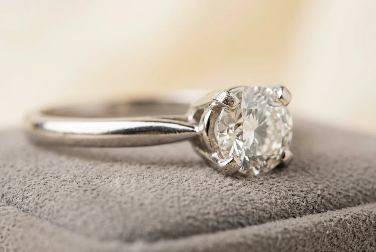 A diamond solitaire ring photographed close up in its setting