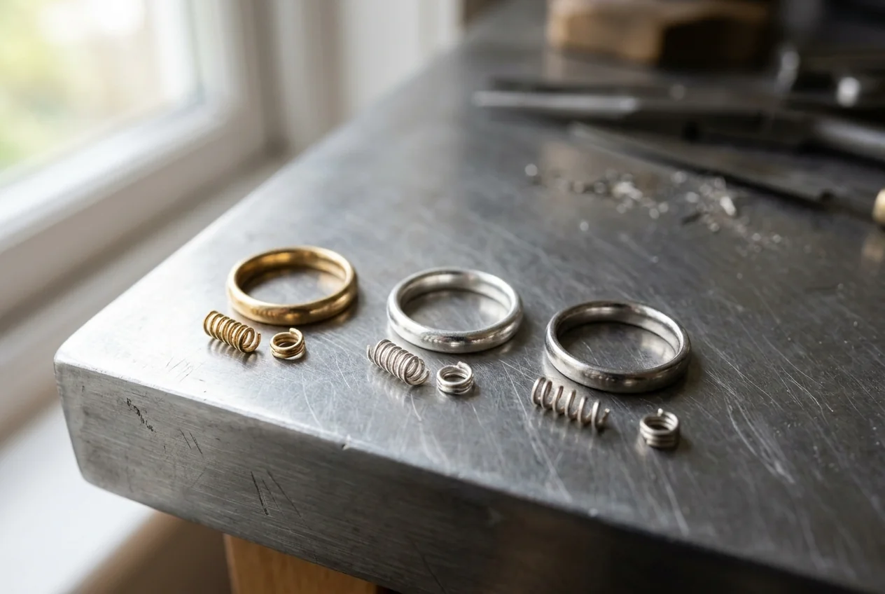 Rings and metal offcuts laid out on a steel bench plate for test welding