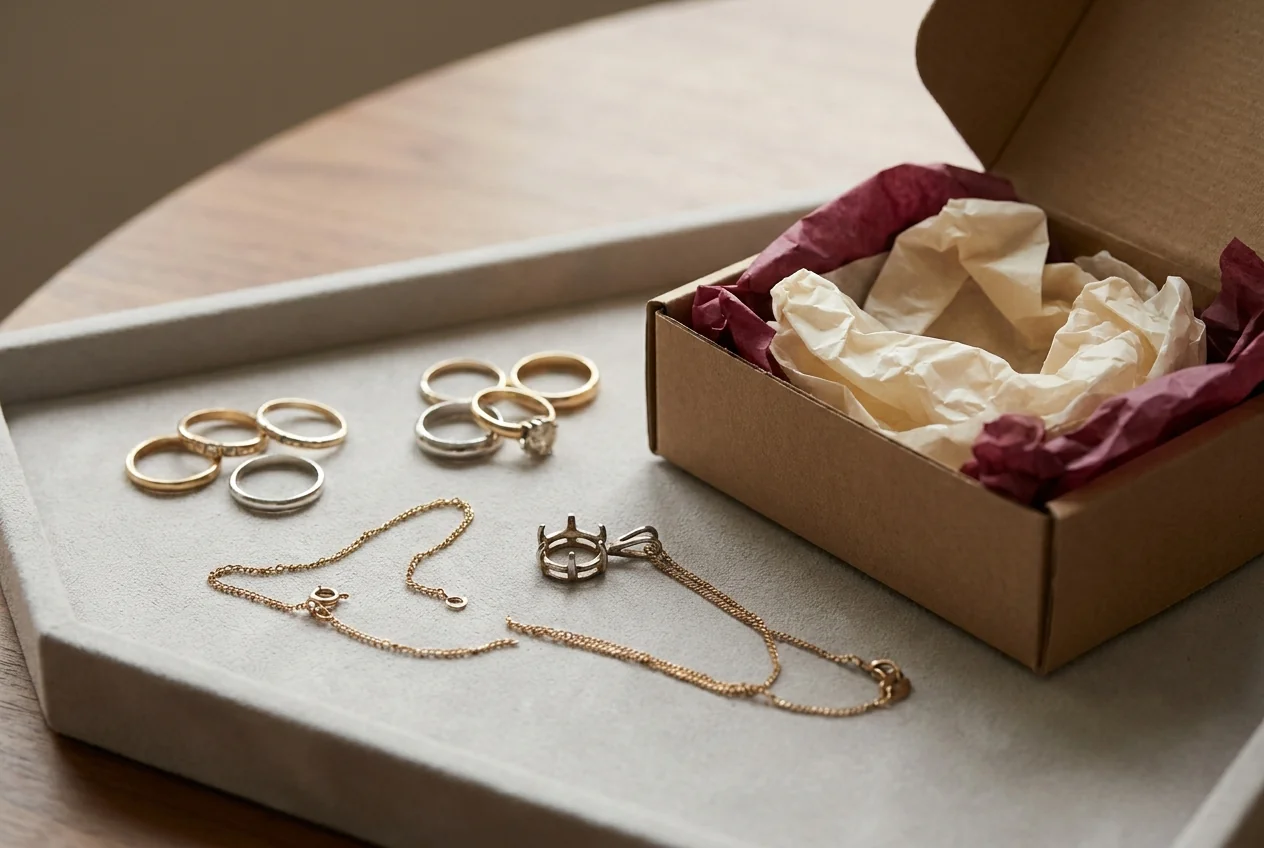 A customer's own rings, a fine chain and a pendant laid out on a tray ready to send for a weld evaluation