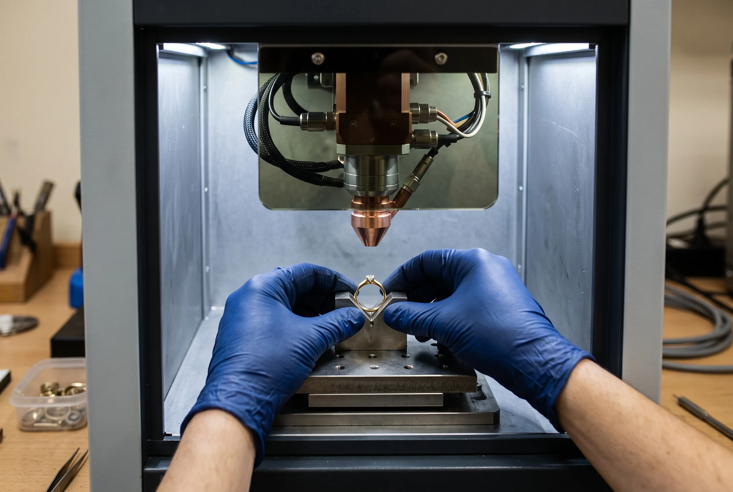 Gloved hands positioning a ring inside the lit work chamber of a jewelry laser welder